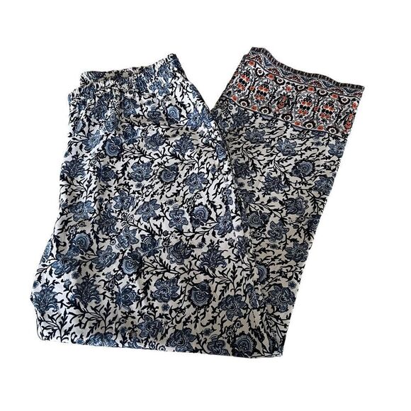 Talbots Wide Leg Boho Batik Print Navy Blue and White Elastic Waist Pants 14 - Picture 5 of 7